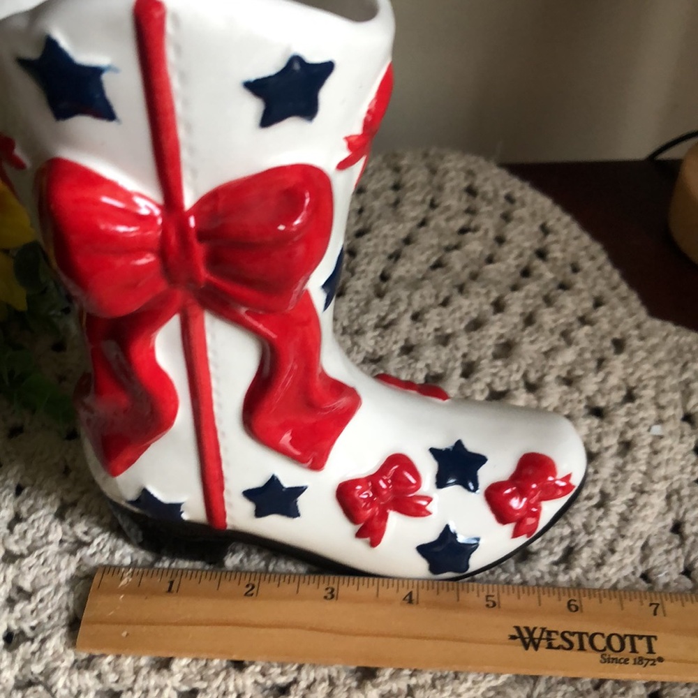 Decorative White Ceramic Cowboy Patriotic Boot with Red Bows and Blue Stars - Picture 4 of 10